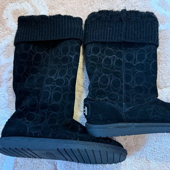 Coach Georgia Black Signature Logo C Suede Cuffed Sweater Knit Boots SIZE 7 - Picture 1 of 5